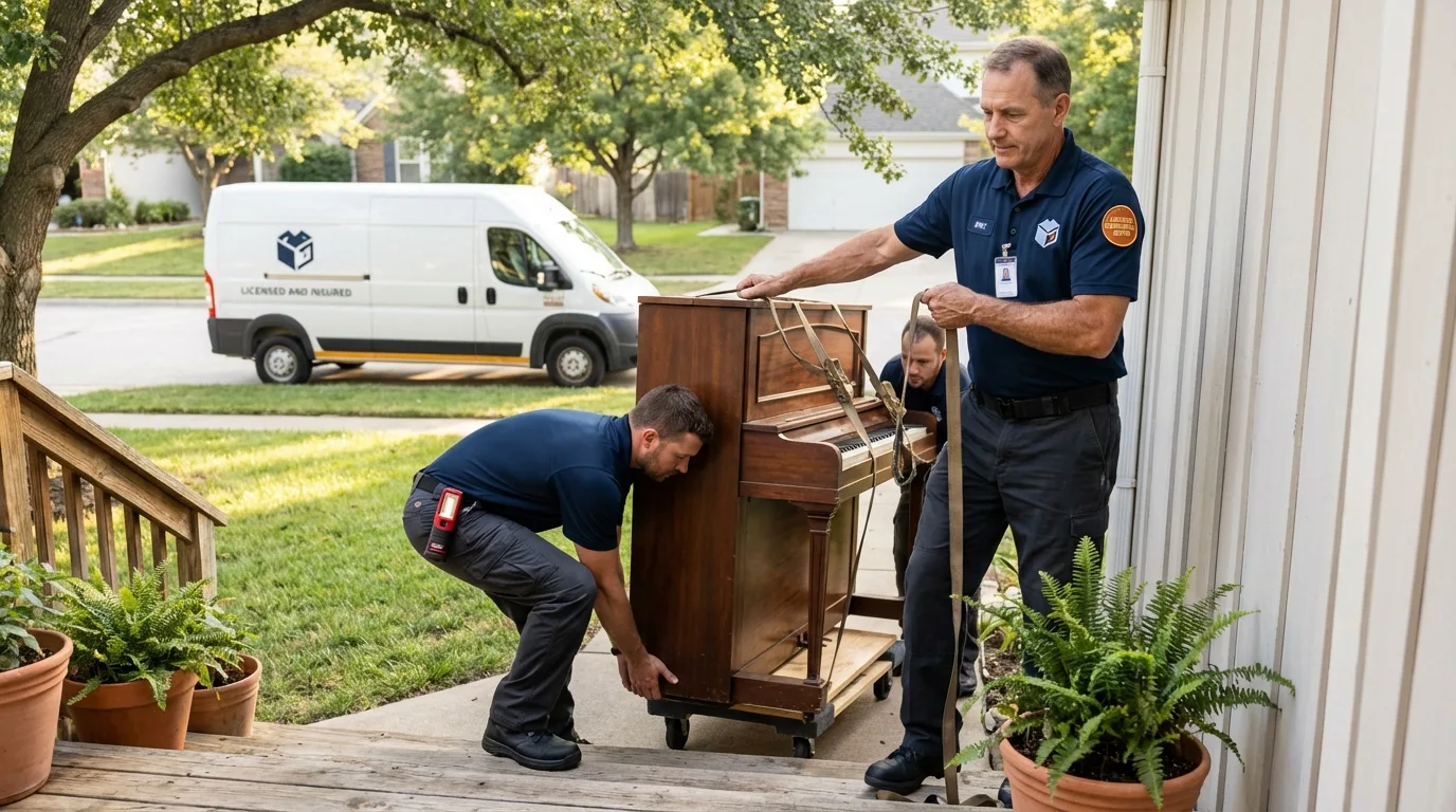 Licensed piano movers securing grand piano in Haw River, NC