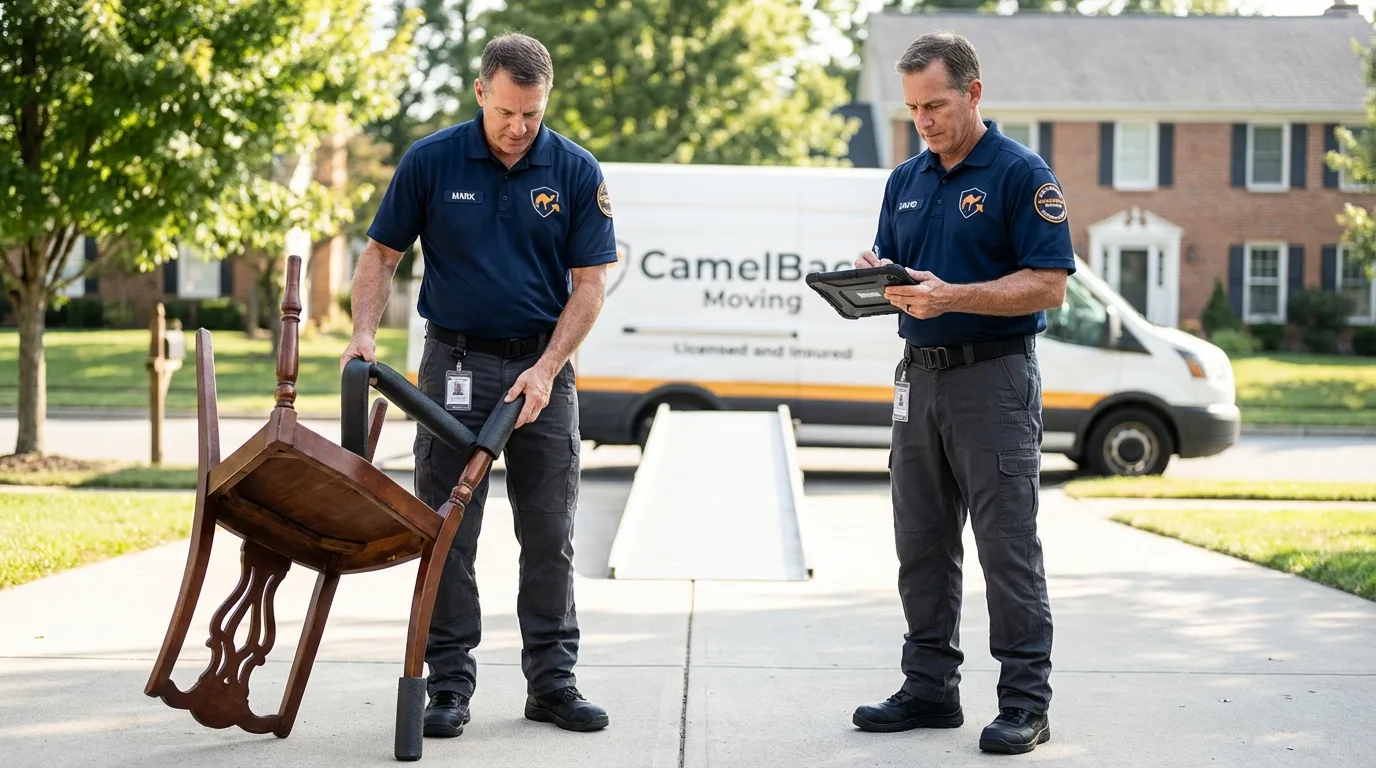 Movers inspecting furniture for damage prevention before loading in Haw River, NC