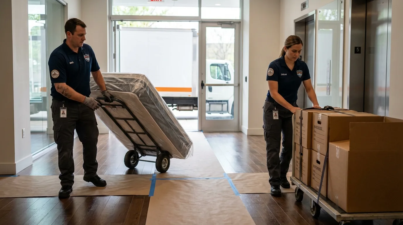 Professional apartment movers loading elevator in Haw River, NC